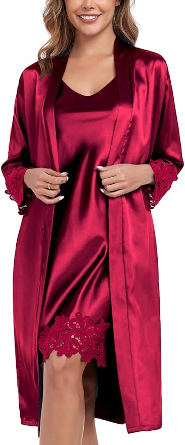 BestWendding Women's Silk Robe Set 2 Pieces Pajamas Sets Sexy Soft Satin Robe with V Neck Camisole Lingerie Nightgown