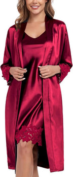 BestWendding Women's Silk Robe Set 2 Pieces Pajamas Sets Sexy Soft Satin Robe with V Neck Camisole Lingerie Nightgown