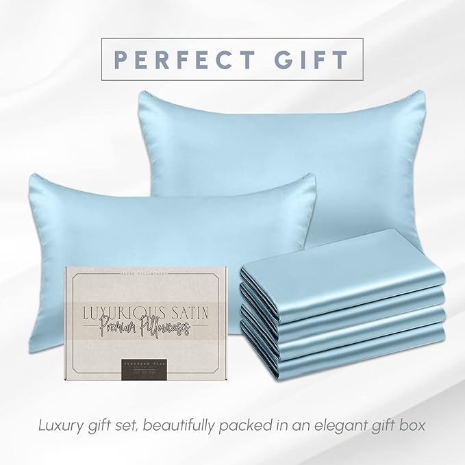 Elegant Comfort 6-Pack Baby Blue Satin Pillowcase Set with Hidden Zipper Closure, Silky Smooth for Hair and Skin Care - Standard/Queen