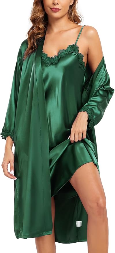 BestWendding Women's Silk Robe Set 2 Pieces Pajamas Sets Sexy Soft Satin Robe with V Neck Camisole Lingerie Nightgown