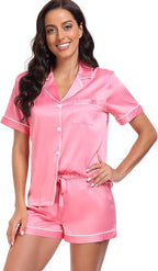 Serenedelicacy Women's Satin Pajama Set 2-Piece Sleepwear Loungewear Button Down Short Sleeve Silky PJ Set