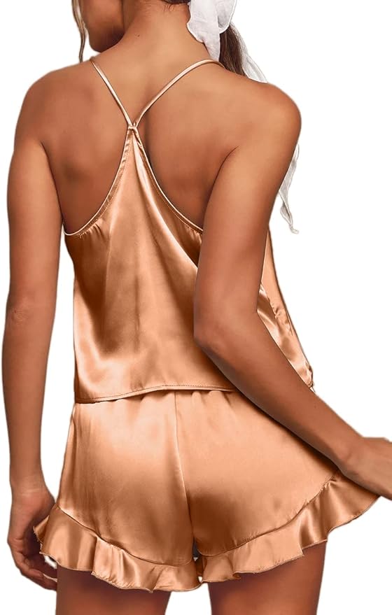 CHYRII Women's Sexy Silk Satin Ruffled Pajamas Sets Cami Shorts Sets Sleepwear