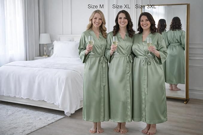 Silk Robes for Women Ankle Length Satin Kimono Robes with Belt Bridemaids Sleepwear Bachelorette Nightgown