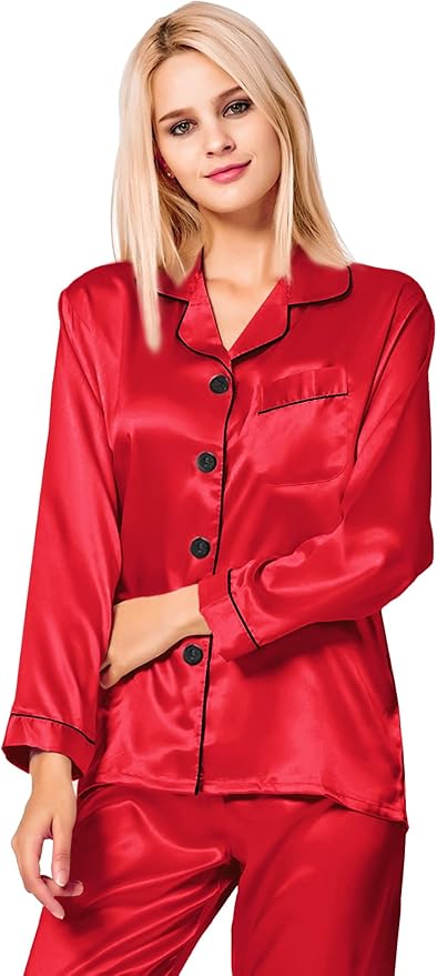 SWOMOG Womens Silk Satin Pajamas Set Long Sleeve Button Down Sleepwear 2 Piece Lounge Set Pj Set XS-3XL