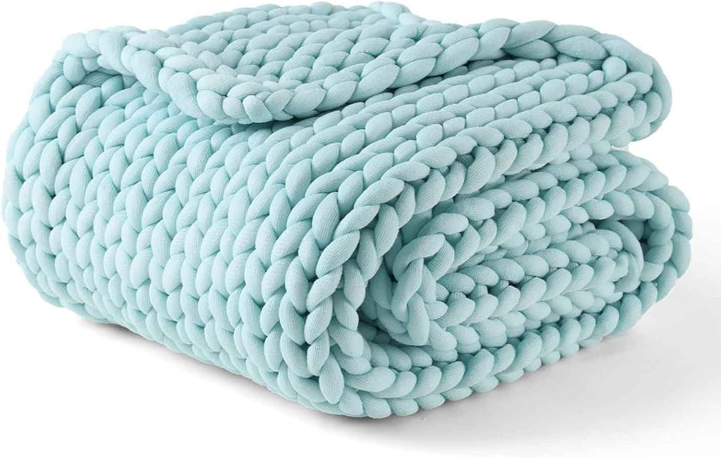 YnM Chunky Throw Blanket, Medium-Weight, Hand Knitted, Skin Friendly, Ventilated and Breathable, Machine Washable, Home Décor Piece for Couch, Sofa and Bed (Aqua Blue, 40x50 Inch)