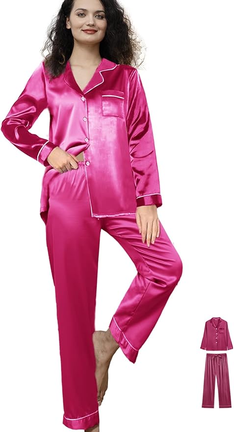 WJing Yi Jia 3Pcs Satin Pajama Sets For Women XS-3XL Womens Silk Pajamas Set Silky Sleepwear Nigtwear Loungewear Long Pj Set