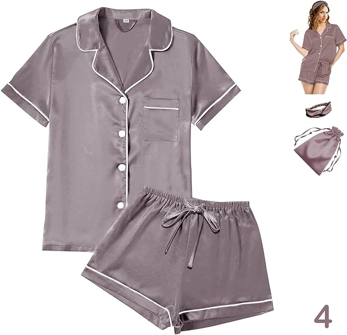WJing Yi Jia 4Pcs Womens Satin Silky Pajama Sets Short Sleeve Shirt XS-4XL Floral Pajamas Set Soft PJ Loungewear Sleepwear