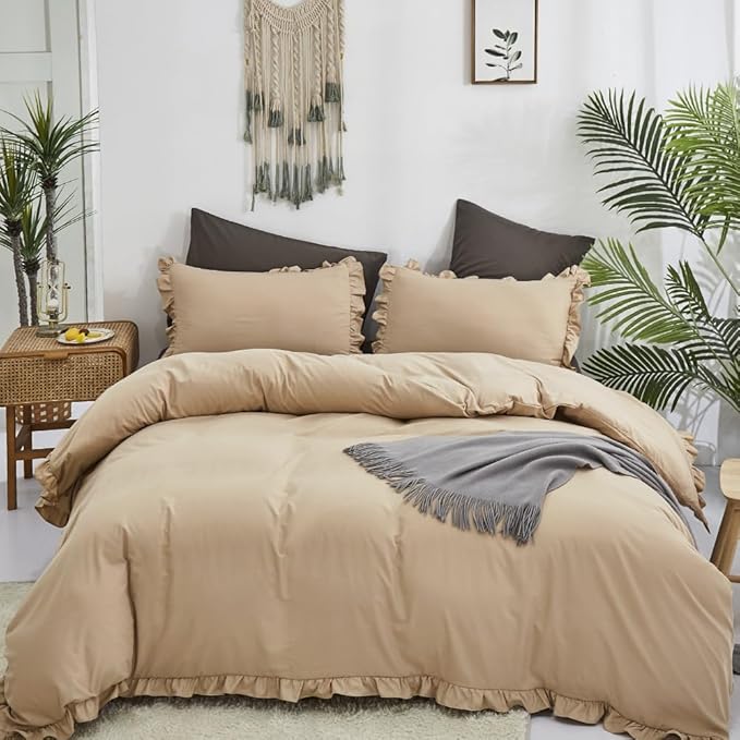 CLOTHKNOW Champagne Ruffle Queen Comforter Set Taupe Bedding Comforter Sets Soft Shabby Chic Farmhouse Comforter with 2 x Pillow Cases