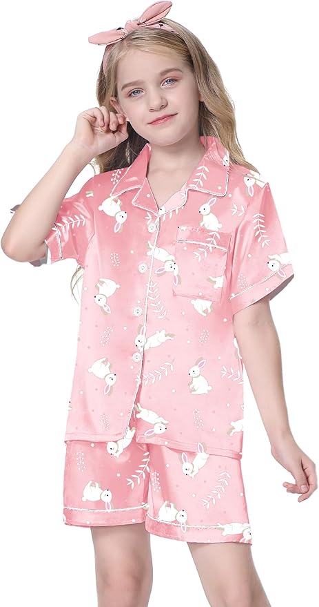 Girls & Womens Satin Pajamas Set, Silk Button-Down Sleepwear 2 Piece Nightwear, 3 Years - Women XXL