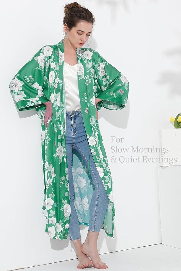 Aensso Long Soft Lightweight Silky Kimonos Robes for Women, Luxury Japanese Floral Womens Kimono Robe