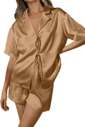 CHYRII Women's Silk Satin Pajamas Sets Tie Front Short Sleeve Tops and Shorts Two Piece Pj Sets Sleepwear
