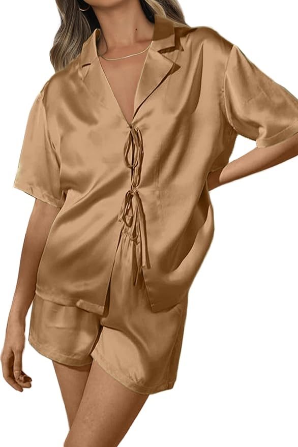 CHYRII Women's Silk Satin Pajamas Sets Tie Front Short Sleeve Tops and Shorts Two Piece Pj Sets Sleepwear
