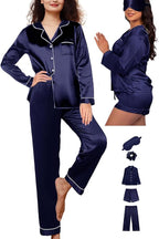 WJing Yi Jia 5Pcs XS-XXL Womens Silk Satin Pajamas Sets Long Pj Sets Button Down Pjs Set Loungewear Sleepwear