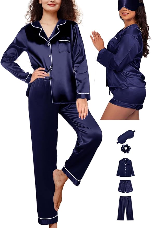 WJing Yi Jia 5Pcs XS-XXL Womens Silk Satin Pajamas Sets Long Pj Sets Button Down Pjs Set Loungewear Sleepwear