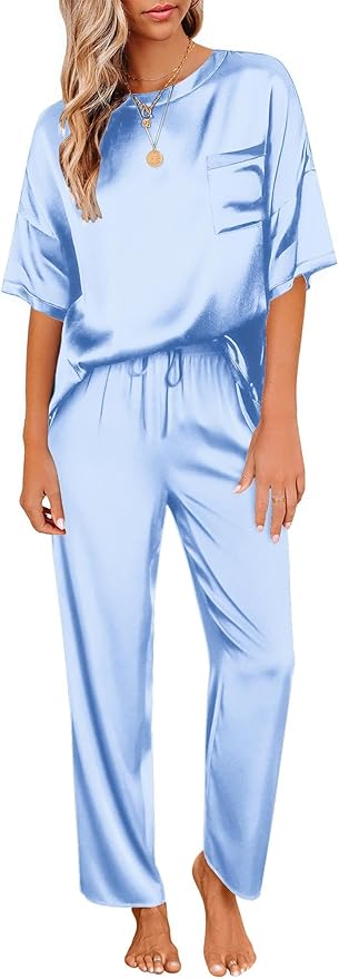 Ekouaer Womens Satin Silky Pajama Set Short Sleeve Shirt with Long Pajama Pant Set Soft PJ Loungewear