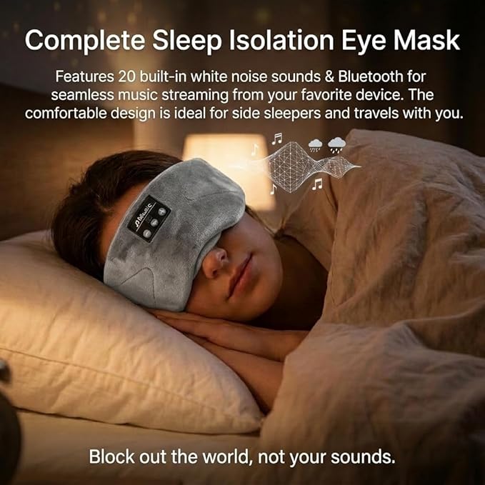 Sleepals Bluetooth Sleep Mask with 24 Built-in White Noise Sounds, Ultra-Slim Headphones for Side Sleepers, 100% Light Blockout 3D Eye Mask, Washable Fleece Sleep Headphones (Gray)