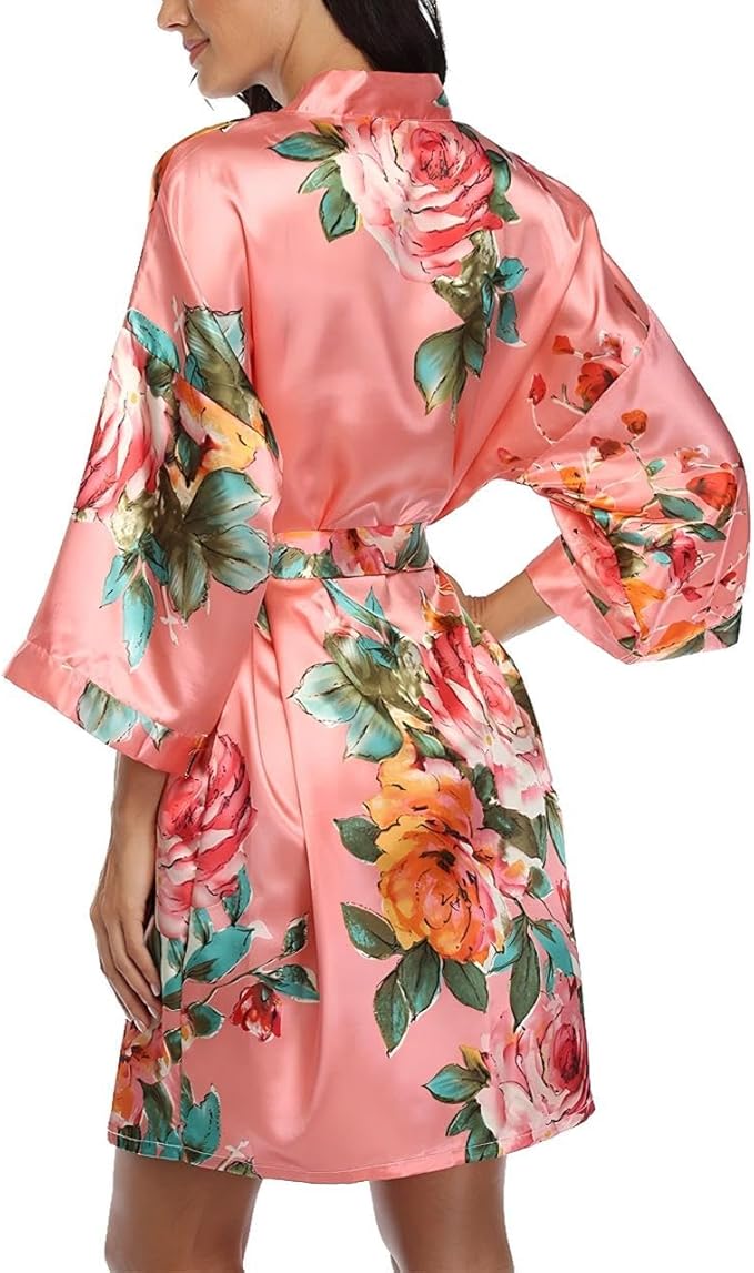 Floral Silk Robes for Women Kimono Satin Short Bath Robe Bridal Dressing Gown Bride Bridesmaids Lightweight Bathrobes