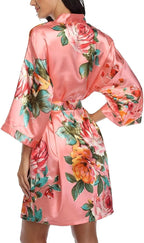 Floral Silk Robes for Women Kimono Satin Short Bath Robe Bridal Dressing Gown Bride Bridesmaids Lightweight Bathrobes