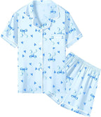 Umeyda Women & Girls Pajamas Set, Soft Satin Lightweight Silk Button-Down Top with Shorts 2 Piece PJS for Mom Boys Kids Gifts