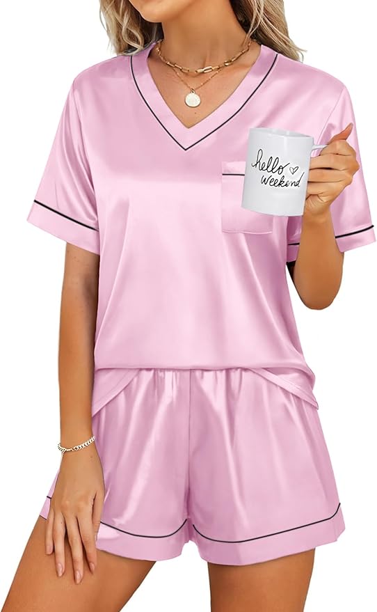 WIHOLL Silk Pajamas for Women Short Sleeve Sleepwear Soft Lounge Sets 2 Piece Satin Pjs