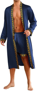 ChiaoLezhee Mens Satin Bath Robe with Shorts Set, Silk Paisley Kimono Lightweight, Soft Long Sleeve Sleepwear