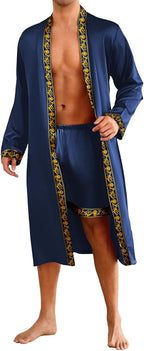 ChiaoLezhee Mens Satin Bath Robe with Shorts Set, Silk Paisley Kimono Lightweight, Soft Long Sleeve Sleepwear