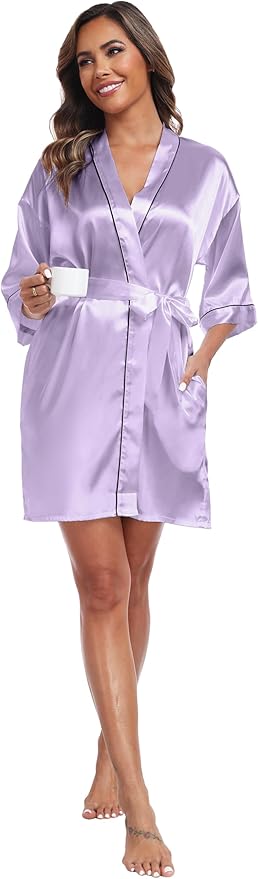 Women Satin Robes Short Silk Kimono Robe Lightweight Bridal Party Robes Bride Bridesmaids Ladies Loungewear Sleepwear