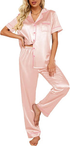 Ekouaer Silk Satin Pajamas Set Women Short Sleeve Sleepwear Soft Button Down Loungewear Pjs Set