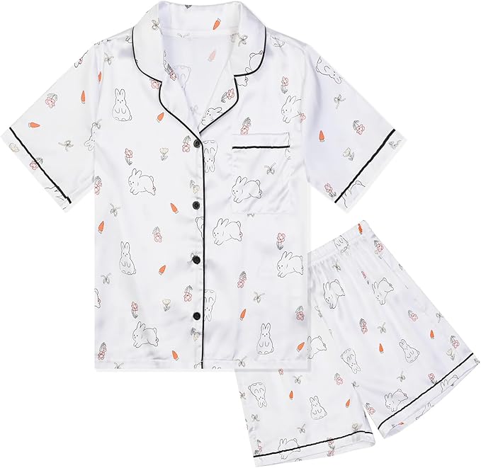 QPANCY Kids Satin Pajamas Sets Baby Boy Girl Button-Down Silk Sleepwear 2 Piece Short Sleeve Loungewear Clothes Set