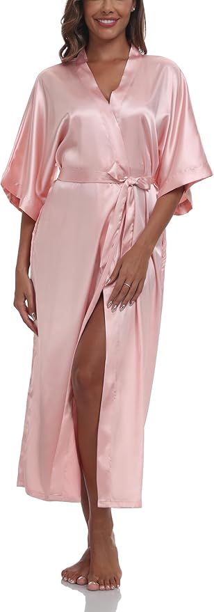 Women's Silk Robes Soft Long Satin Kimono Bathrobe Bride Bridesmaid Wedding Party Robes Sexy Sleepwear with Pockets