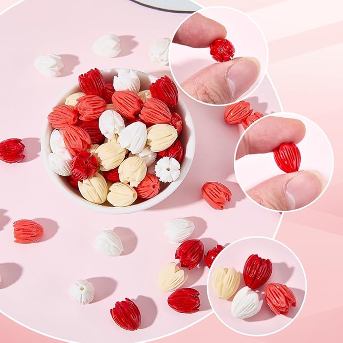 80Pcs 4 Styles Carved Coral Beads Hawaiian Flower Beads Colorful Hawaii Summer Jasmine Pikake 12mm Floral Synthetic Coral Small Loose Spacers for Jewelry Bracelet Necklace Earring DIY Decor