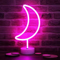 LED Neon Moon Lights, Moon Shape Neon Signs Crescent Night Lights Battery Operated Desk Table Lamp for Bedroom, Bar, Wall Decor-Holder Base(Pink)