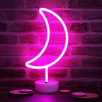 LED Neon Moon Lights, Moon Shape Neon Signs Crescent Night Lights Battery Operated Desk Table Lamp for Bedroom, Bar, Wall Decor-Holder Base(Pink)