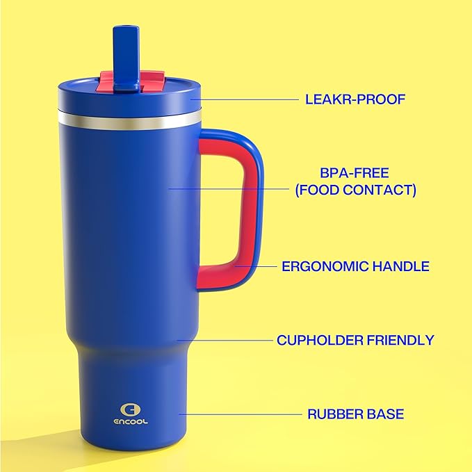 ENCOOL 40 oz Tumbler with Handle and Straw: Stainless Steel Insulated Tumbler Keeps Cold for 24 Hours, Leakproof Travel Cup Fits in Cup Holder and BPA-Free,Beaucoup Blue