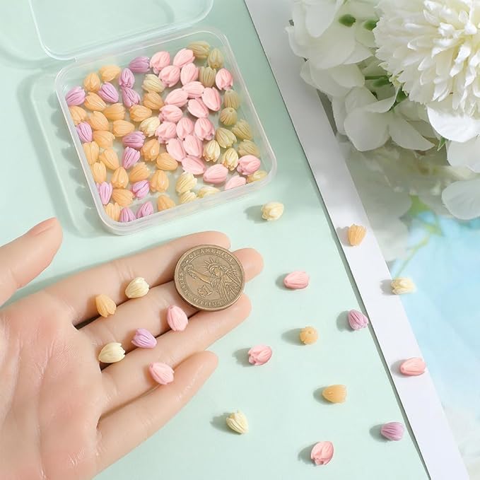 100Pcs 7x9mm 4 Colors Acrylic Flower Beads Jasmine Flower Beads Small Coral Shell Dyed Synthetic 3D Carved Cute Loose Beads Flowers for Jewelry Making Beading DIY Bracelet Necklace Earring