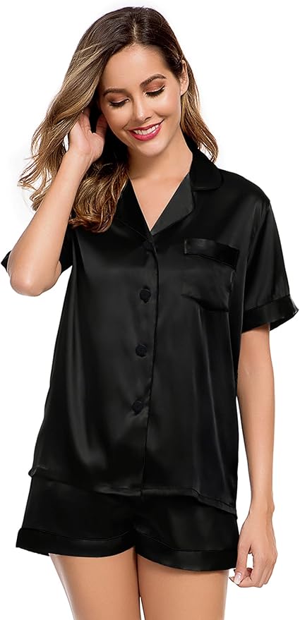 LecGee Womens Silk Satin Pajamas Short Sleeve Loungewear Two-Piece Sleepwear Button-Down Pj Set