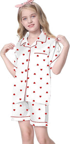 Umeyda Women & Girls Pajamas Set, Soft Satin Lightweight Silk Button-Down Top with Shorts 2 Piece PJS for Mom Boys Kids Gifts