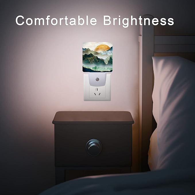Mountain Night Light,Green Mountains Golden Sunset Plug in Night Lights Auto LED Lamp Energy Saving Square Lights for Boys Girls Men Women