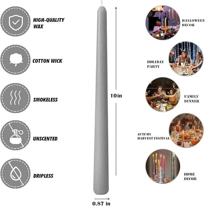 10-Inch Gray Taper Candles, 12 Pack Unscented and Dripless Candlesticks, Long-Lasting Burn Time of 7-8 Hours, Perfect for Home Décor, Weddings, and Events