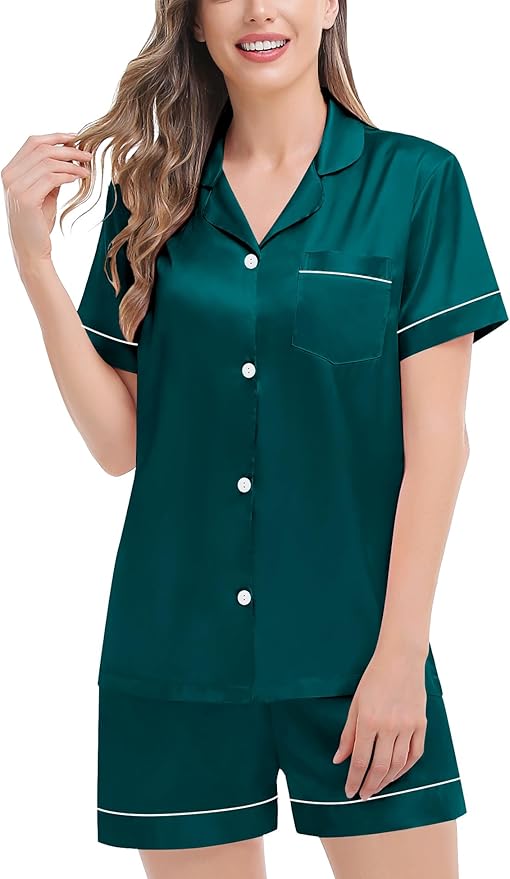 SWOMOG Womens Silk Satin Pajamas Set Short Sleeve Sleepwear Button Down Top and Shorts Loungewear 2 Piece Pjs Set XS-3XL