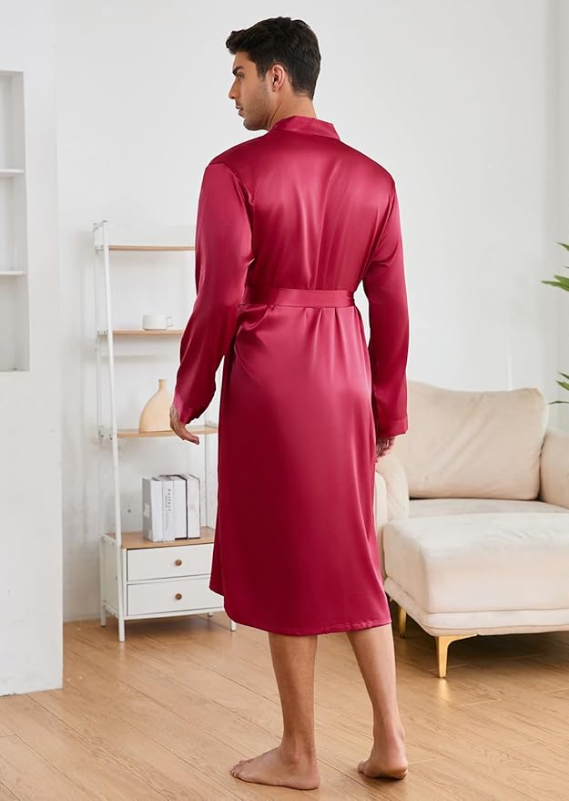 ZUEVI Men's Kimono Robe Set Silk Satin Long Sleeve Bathrobe with Shorts 2 PCS Sleepwear Pjs Sets