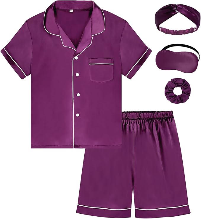 EPLAZA Kids Satin Pajamas Sets Girls Boys Button-Down Silky Pajamas Sleepwear with Hairband Eye Mask Hair Tie