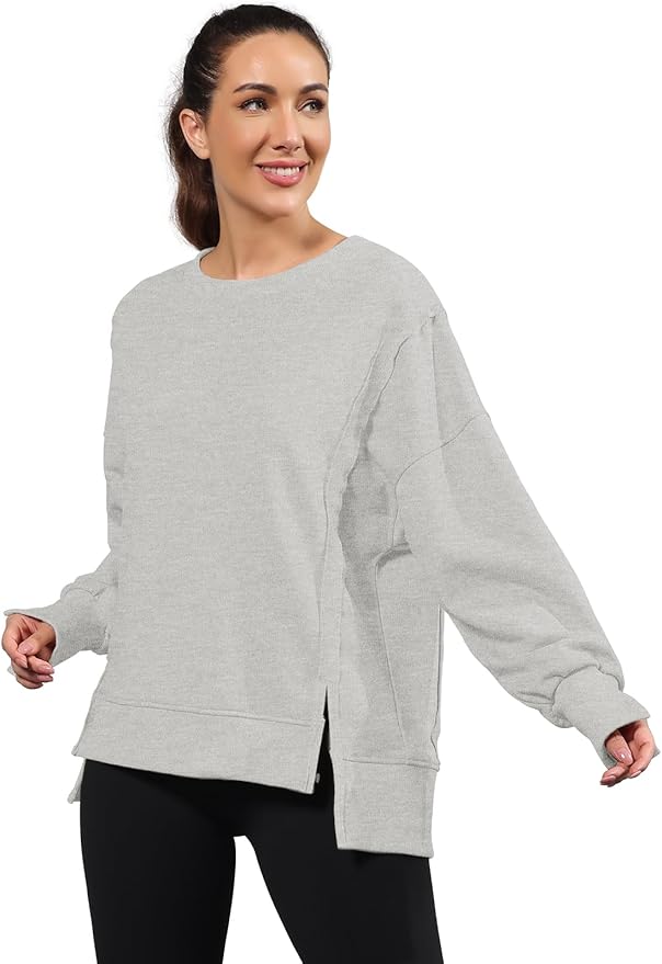 Nirovien Womens Oversized Crewneck Sweatshirt Side Slit Long Sleeve Pullover Slouchy Fit Tops