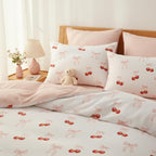 Nayoroom Pink Bow Duvet Cover Full Size Reversible Red Cherry Duvet Cover 3 Pieces Soft Lightweight Microfiber Kids Girls Cute Aesthetic Dorm Bedding Set