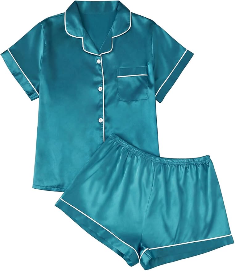LILLUSORY Silk Satin Pajama Set for Women 2 Piece Lounge Pjs Winter Matching Summer Sleepwear Button Down Shirt Shorts