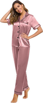 SWOMOG Women Satin Pajamas Set Short Sleeve Top & Pants Sleepwear Silky Button Down Nightwear 2pcs Loungewear Pjs Set