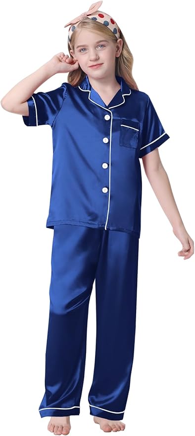Umeyda Girls Womens Pajamas Set, Satin Silky Button Down Loungewear 2 Piece Short Sleeve Pants PJS Sets for Mommy Kids