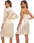 BestWendding Women's Silk Robe Set 2 Pieces Pajamas Sets Sexy Soft Satin Robe with V Neck Camisole Lingerie Nightgown