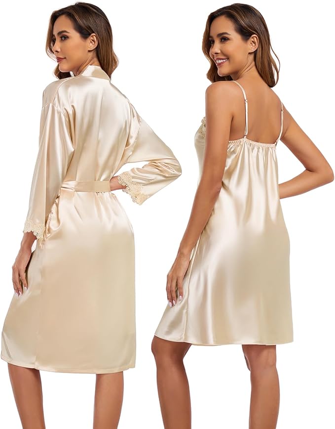 BestWendding Women's Silk Robe Set 2 Pieces Pajamas Sets Sexy Soft Satin Robe with V Neck Camisole Lingerie Nightgown