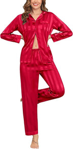 SWOMOG Womens Silk Satin Pajamas Set Long Sleeve Button Down Sleepwear 2 Piece Lounge Set Pj Set XS-3XL